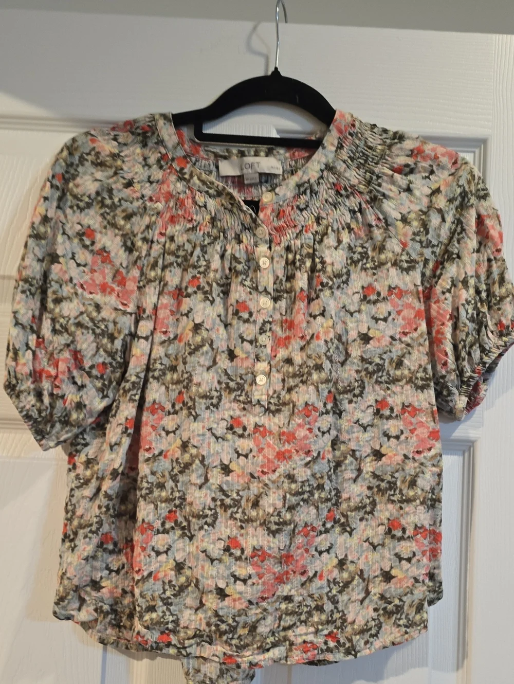 LOFT Coral, Olive and Cream Floral Smocked-Neck Blouse